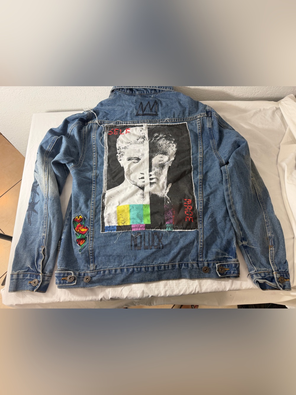 Brooklyn Cloth Light Blue Denim Jacket with Multicolor Patch Accents - Picture 6 of 10